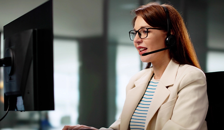 woman speaking on a headset